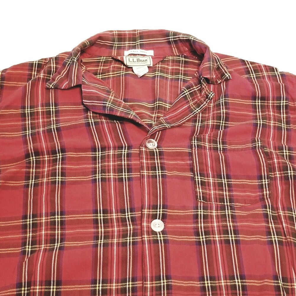 LL Bean Pajama Shirt Men Size Medium Red Flannel Plaid Sleep Made In USA Vintage